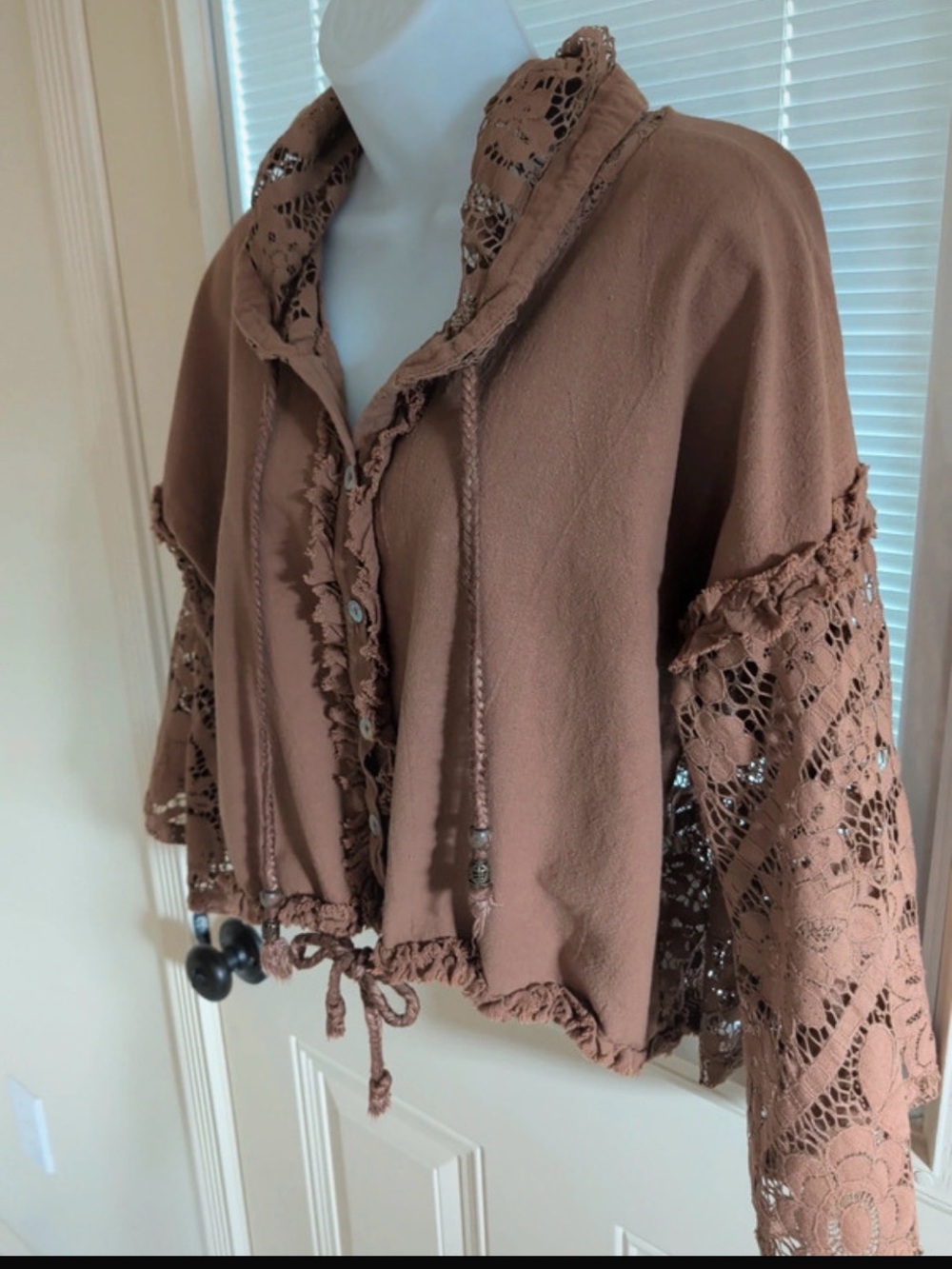 Women’s Boho Crochet/Embroidered Sleeve Drawstring Hooded Top - Brown